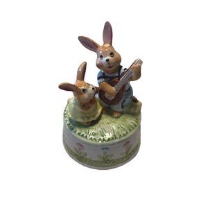 Easter Bunnies Music Box Ceramic It Works Spring Kids Gift Retro